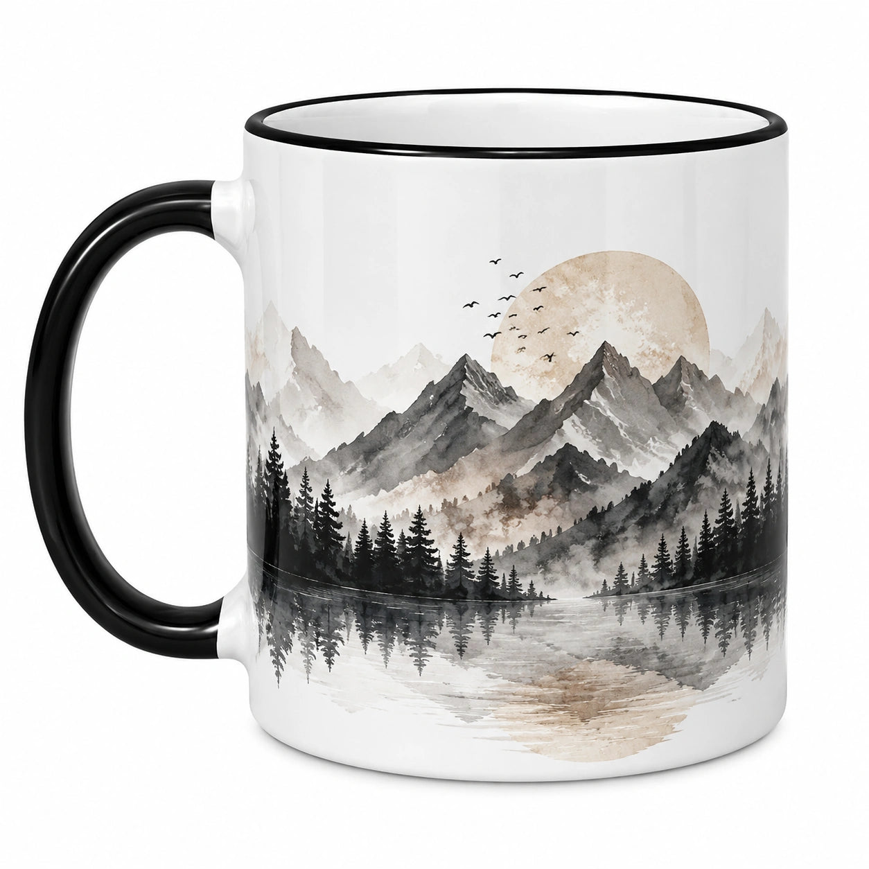 Keramiktasse mit Berglandschaftsdesign 350ml Schwarz-Weiß