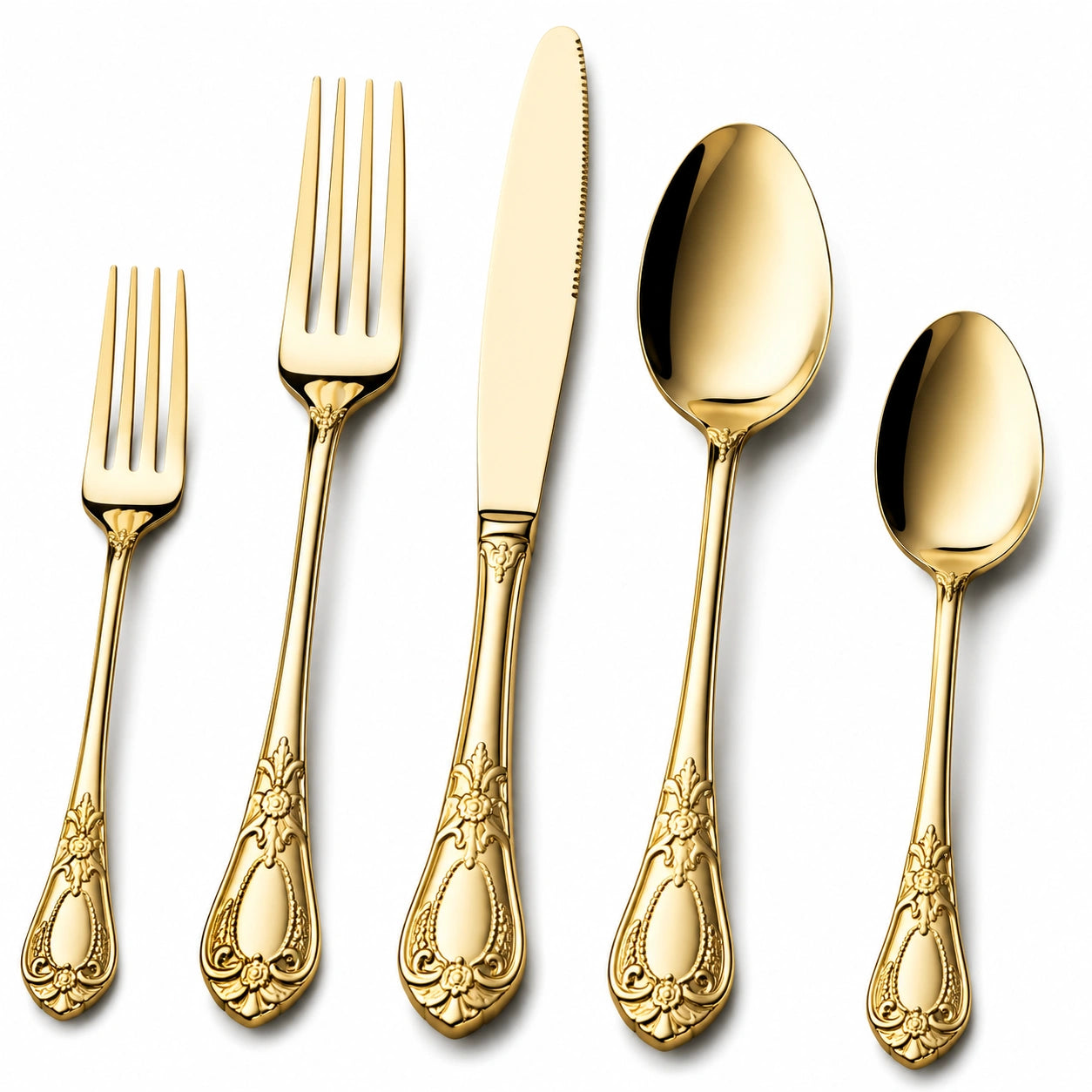 Elegantes goldfarbenes Besteckset mit Blumendekor