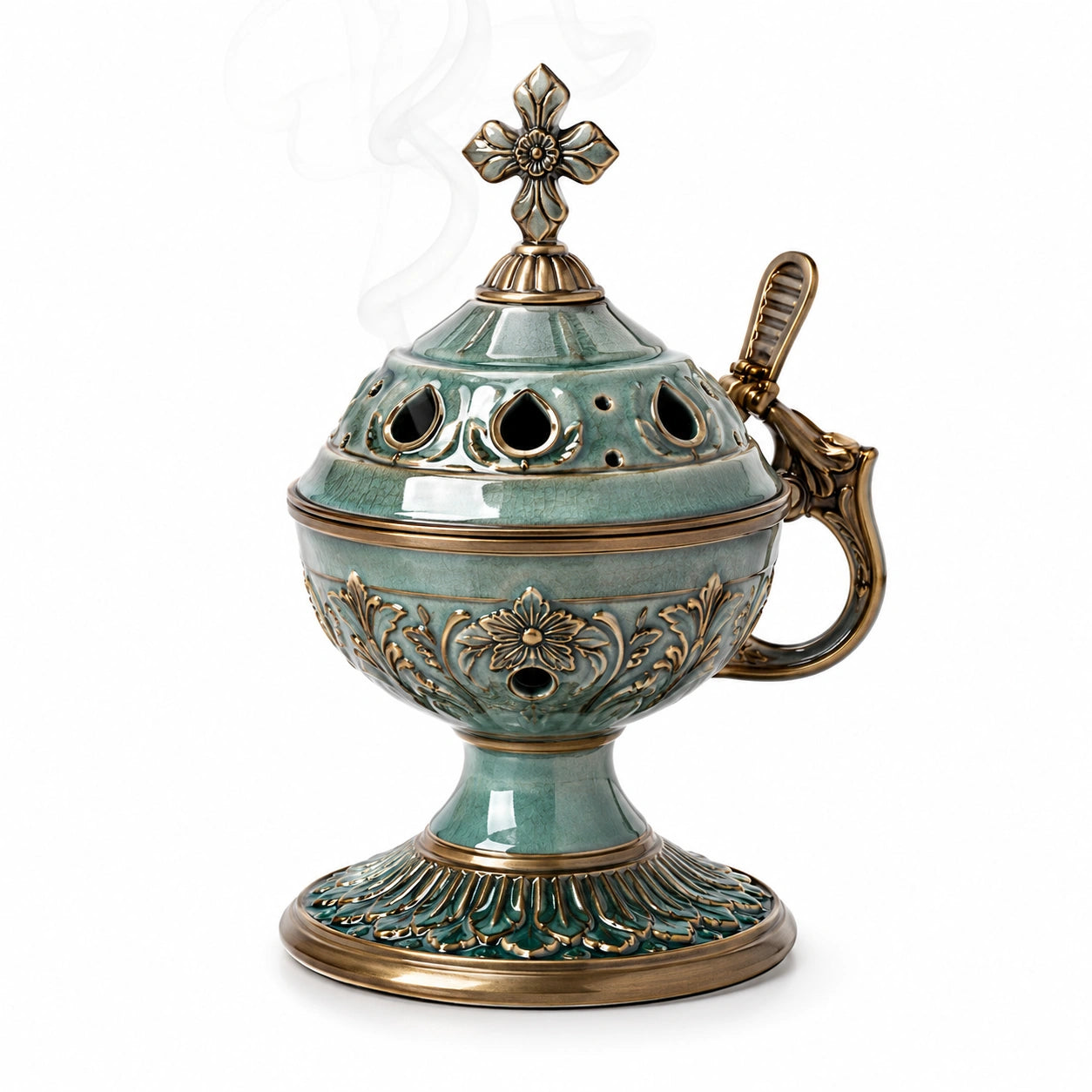 Vintage Weihrauchbrenner aus Keramik in Blau mit floralen Mustern
