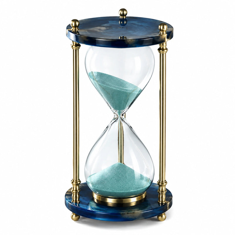 60-Minuten Sanduhr mit Blauem Sockel und Goldenem Gestell