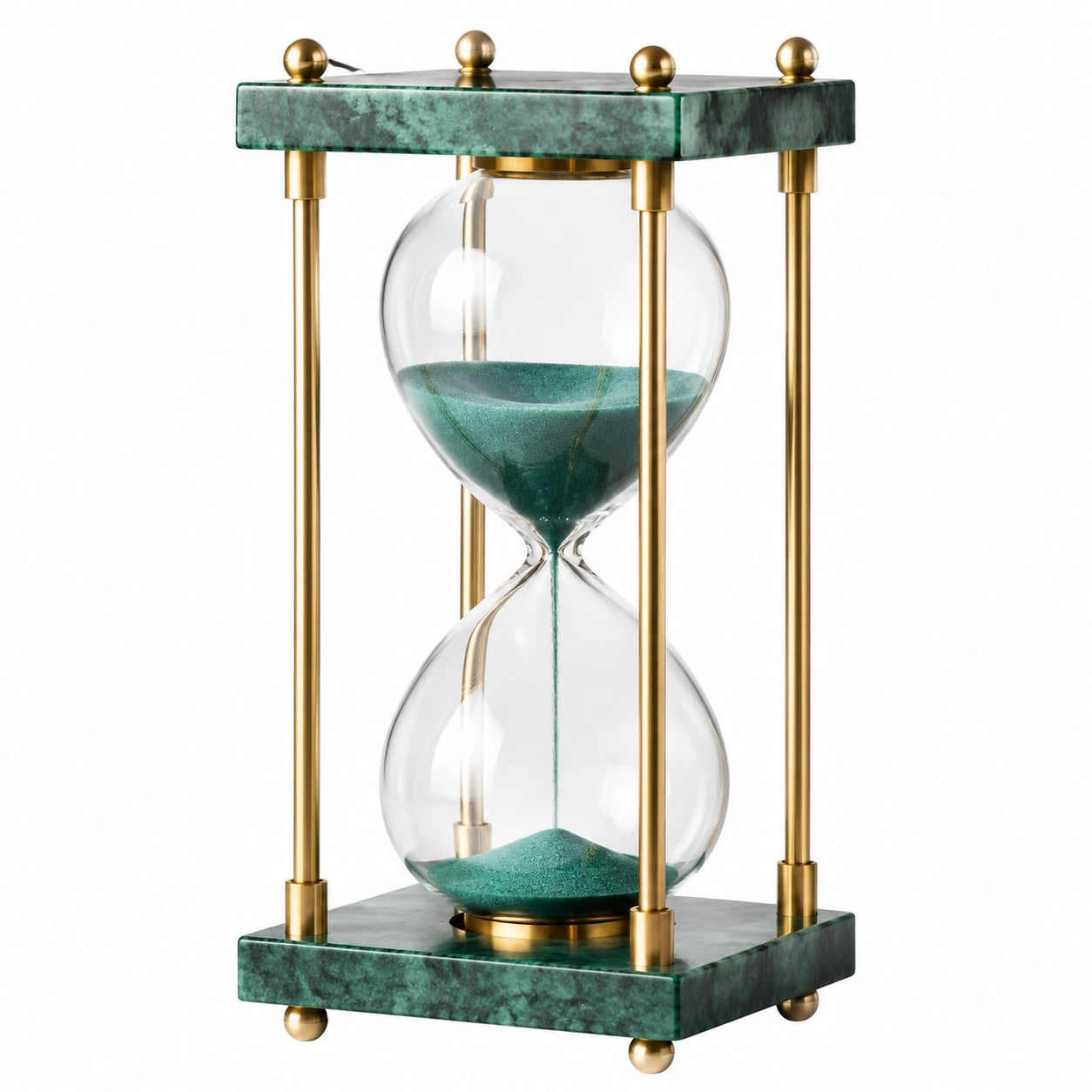 Dekorative Sanduhr mit grünem Sand und Goldrahmen