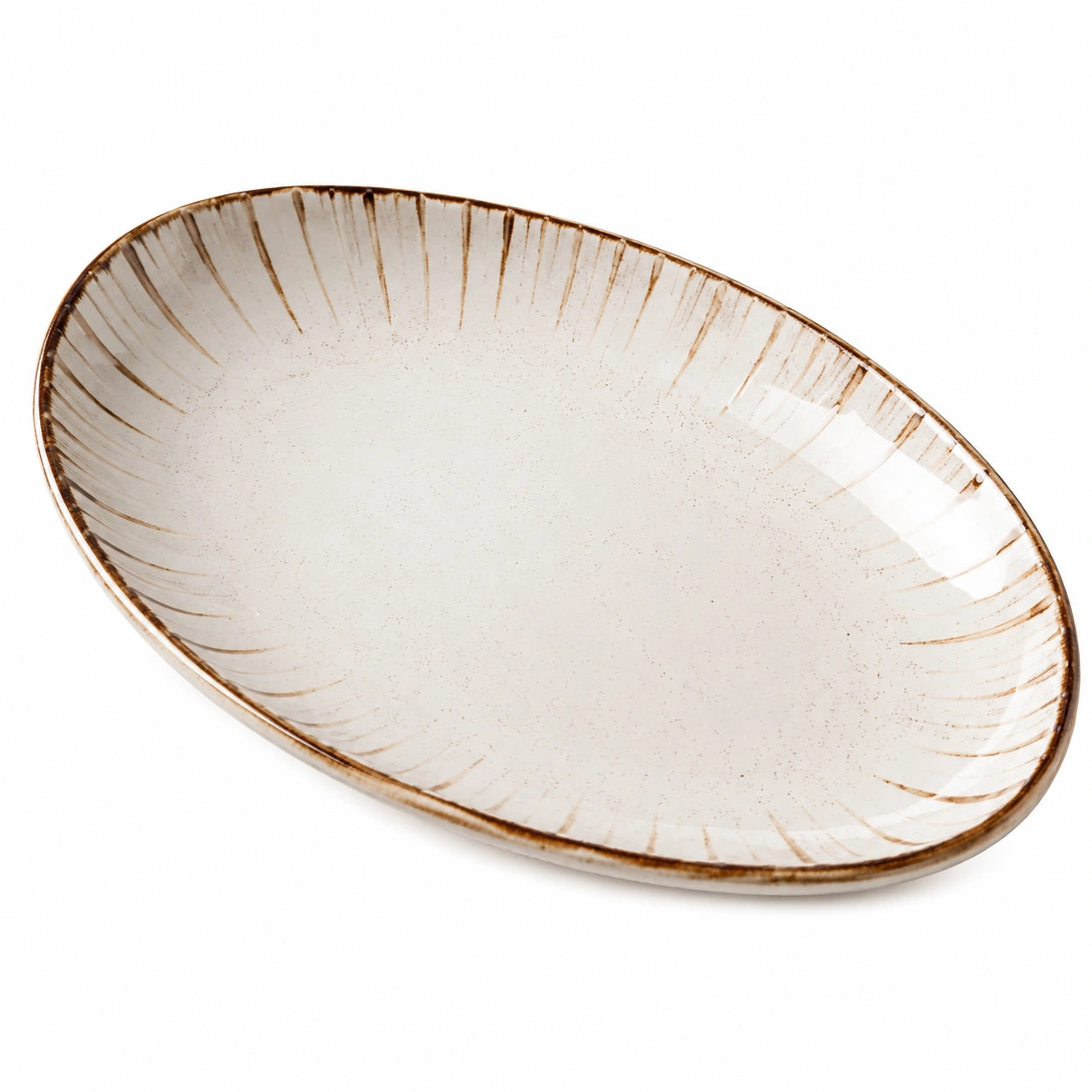 Ovaler Keramikteller Beige mit gestreiftem Rand 30cm