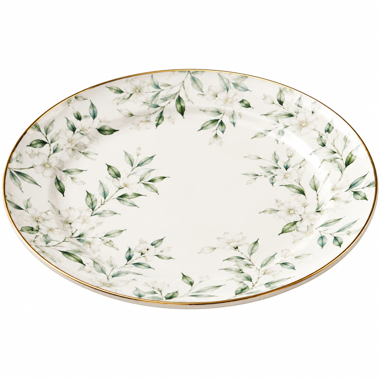 Runder Porzellanteller mit Blumenmotiv und Goldrand, Ø 30 cm