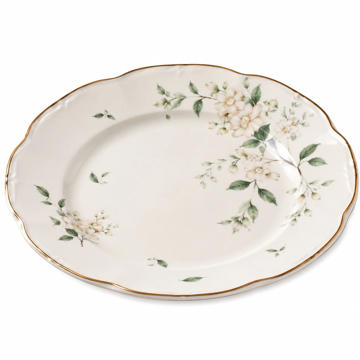 Runder Porzellanteller mit Blumenmotiv und Goldrand, 30 cm