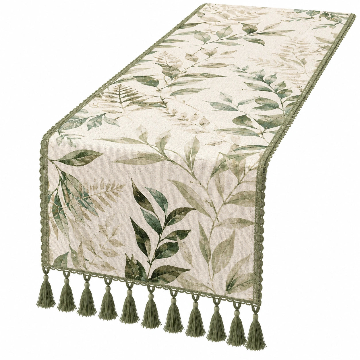 Tischläufer mit Blattmuster und Fransen 140x33 cm Grün/Beige