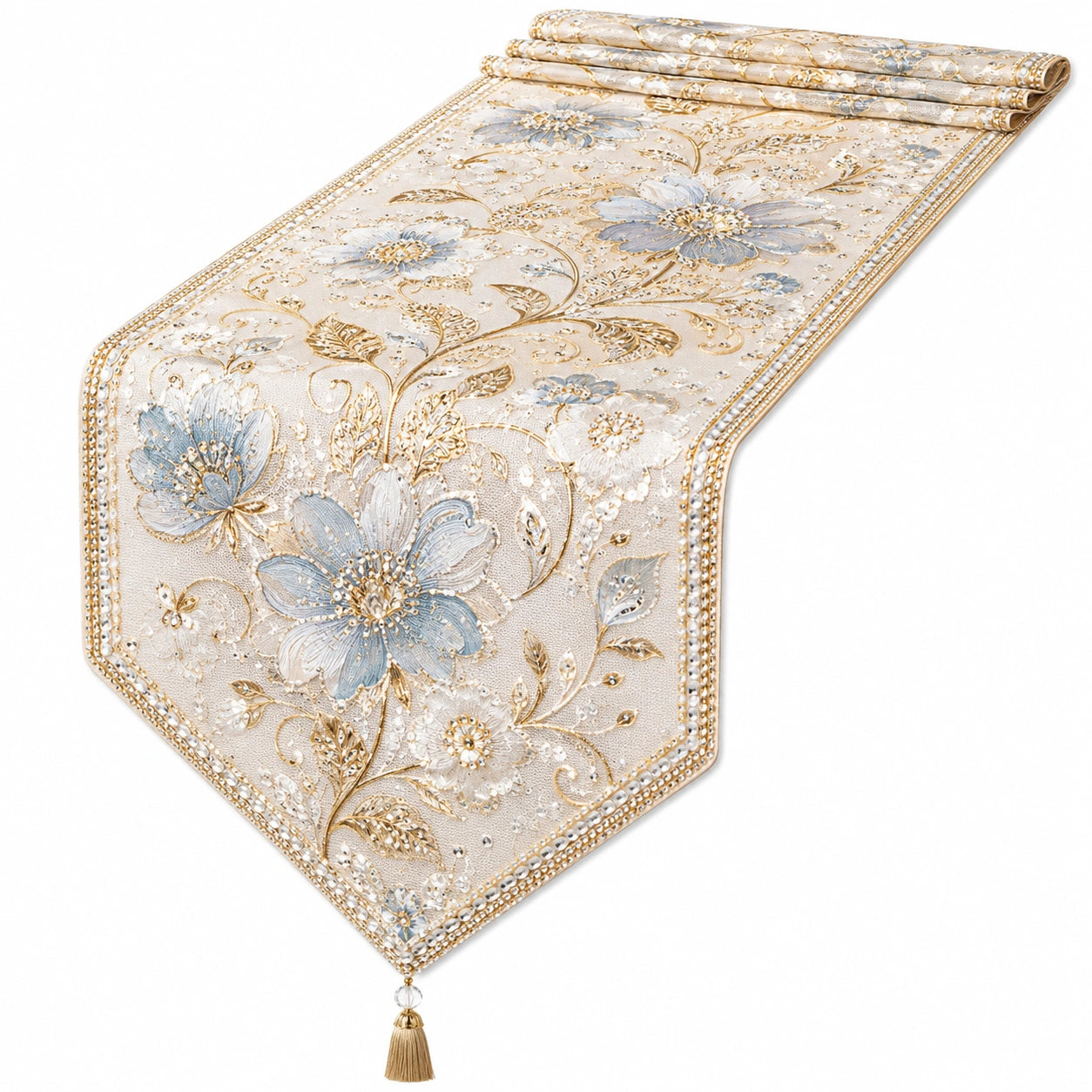 Eleganter Tischläufer mit Blumenstickerei in Beige Blau Gold