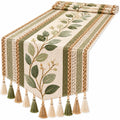 Boho Tischläufer mit Blattdesign, Grün/Beige, 200x33cm, Handgewebt