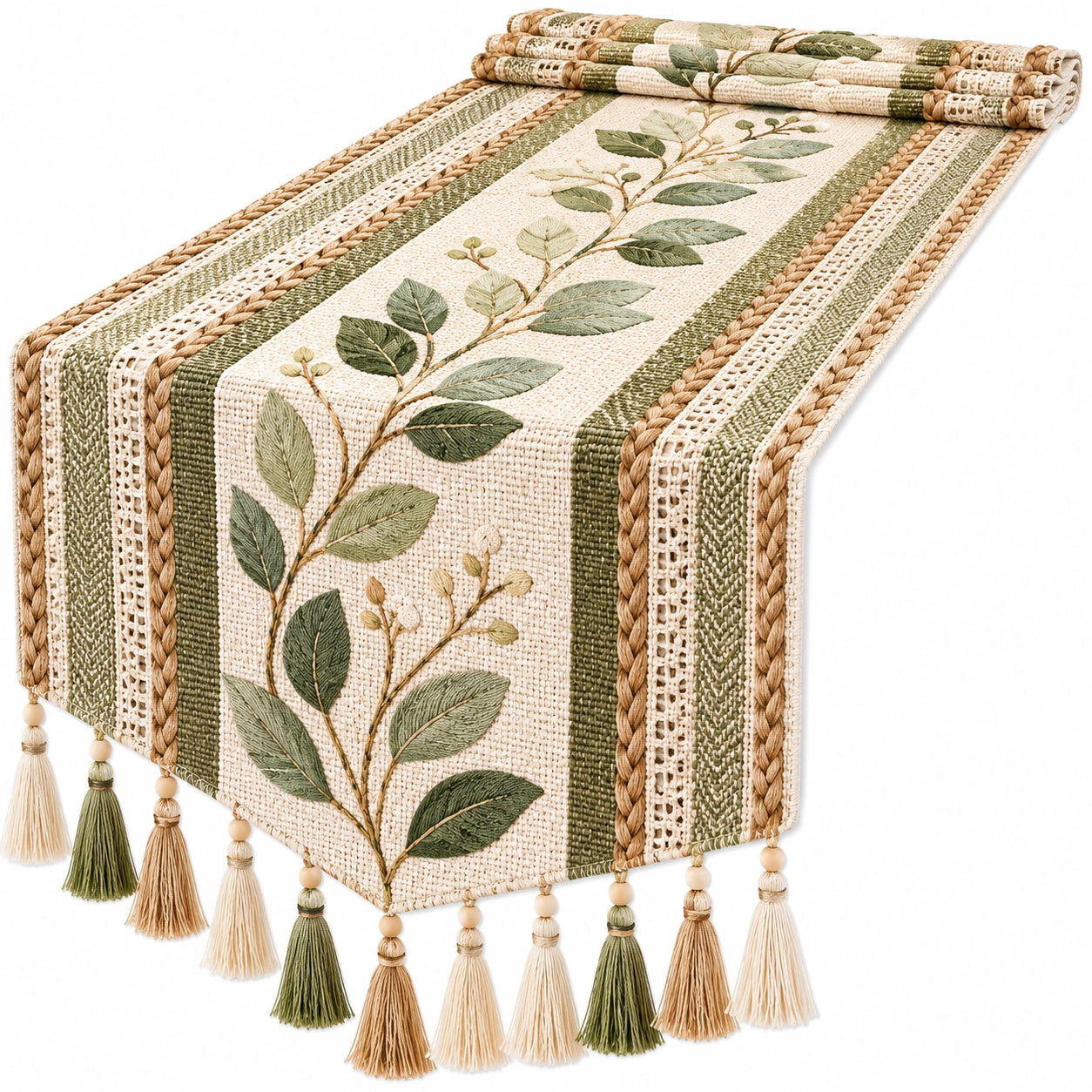 Boho Tischläufer mit Blattdesign, Grün/Beige, 200x33cm, Handgewebt