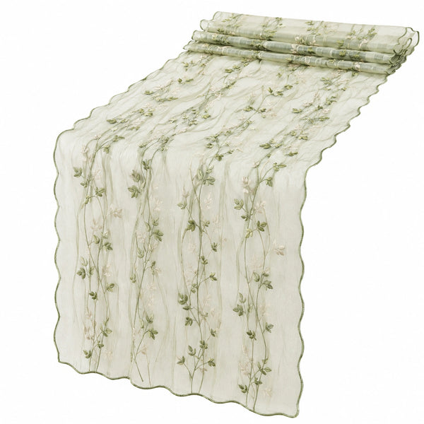 Transparenter Tischläufer mit besticktem Blumenmuster in Grün